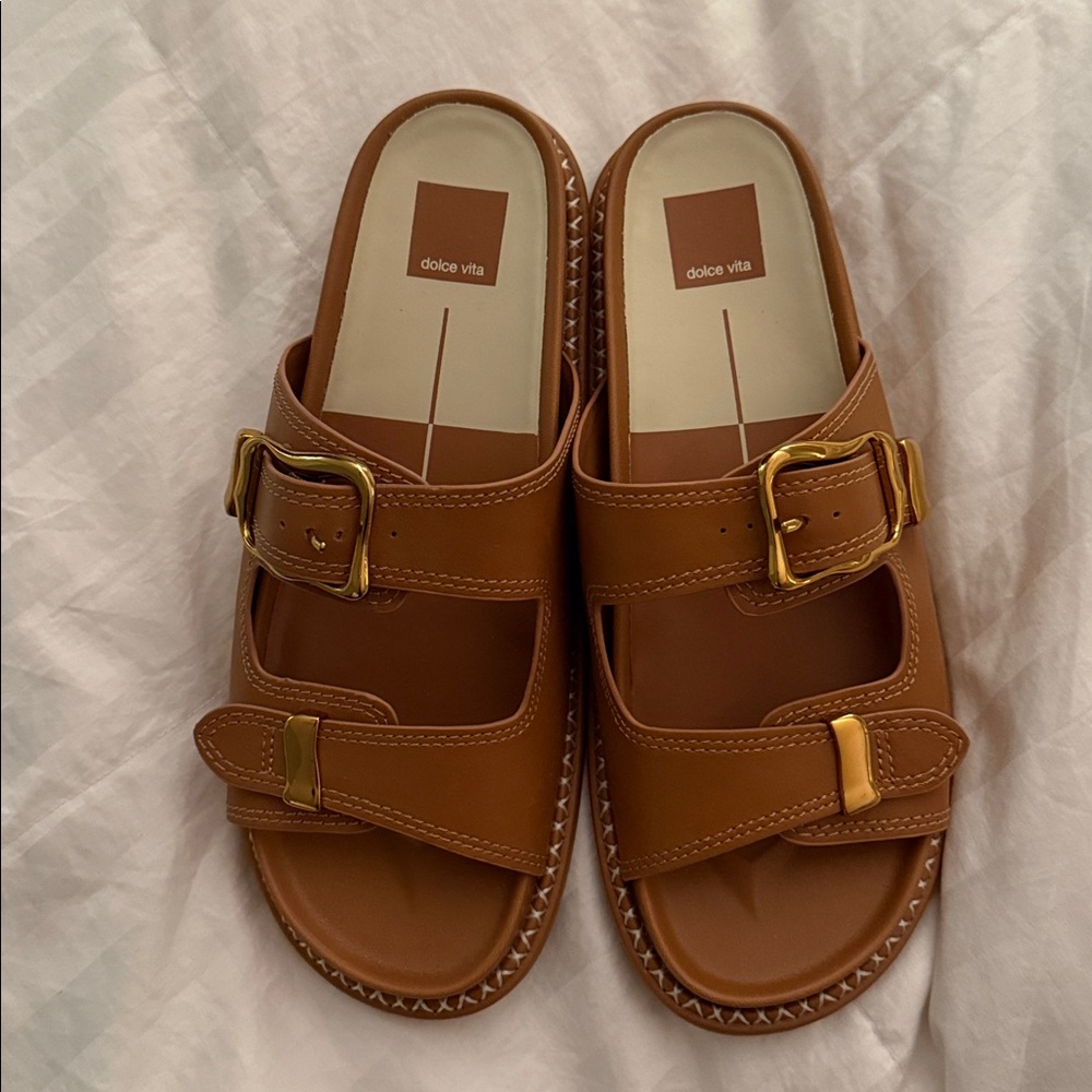 Dolce Vita Brown Slides with Gold Accents